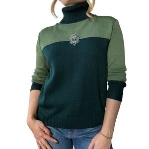 St. John Sport Marie Gray Green Colorblock Wool Blend Crest Turtleneck Sweater M